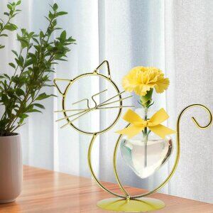 Cat Kitty Glass Planter Vase Holder w Metal Stand Cat Plant Terrarium